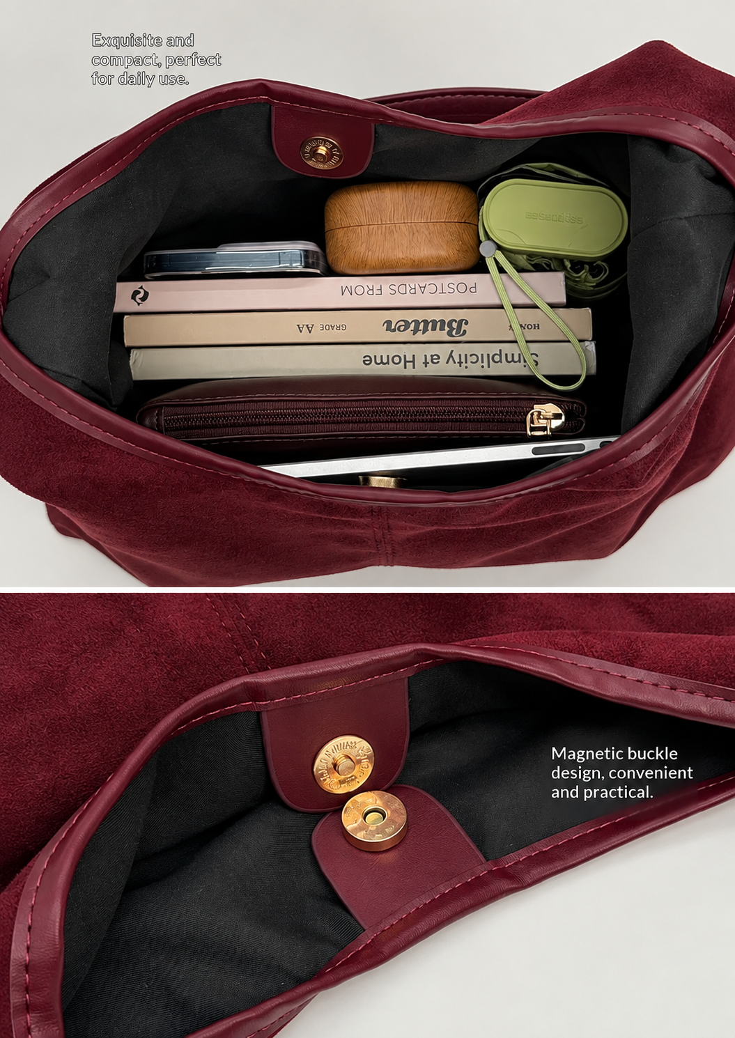A burgundy suede tote bag shown open in two views on a light background. The top view shows the spacious interior packed with books, a wallet, a small brown leather item, and a green pouch.